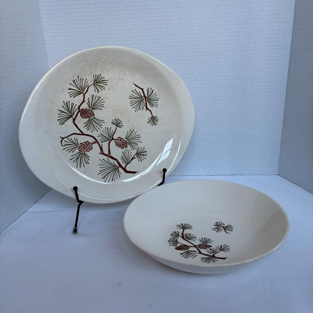 Vintage Ovenproof Dinnerware Pine Cone‎ Hand Decorated Platter and Bowl Set